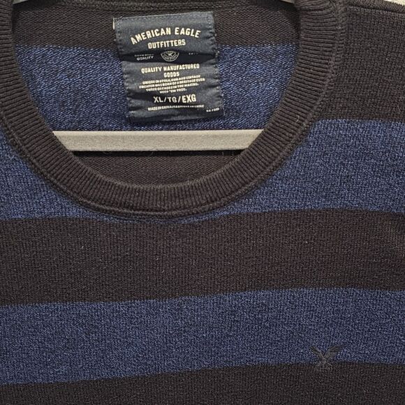 AMERICAN EAGLE Sweater Pullover Crewneck Cotton Navy Black Wide Stripe Men's XL - Picture 2 of 8